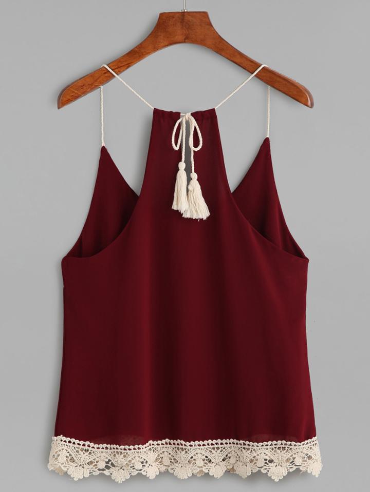 Shein Burgundy Lace Up Fringe Crochet Trim Cami Top