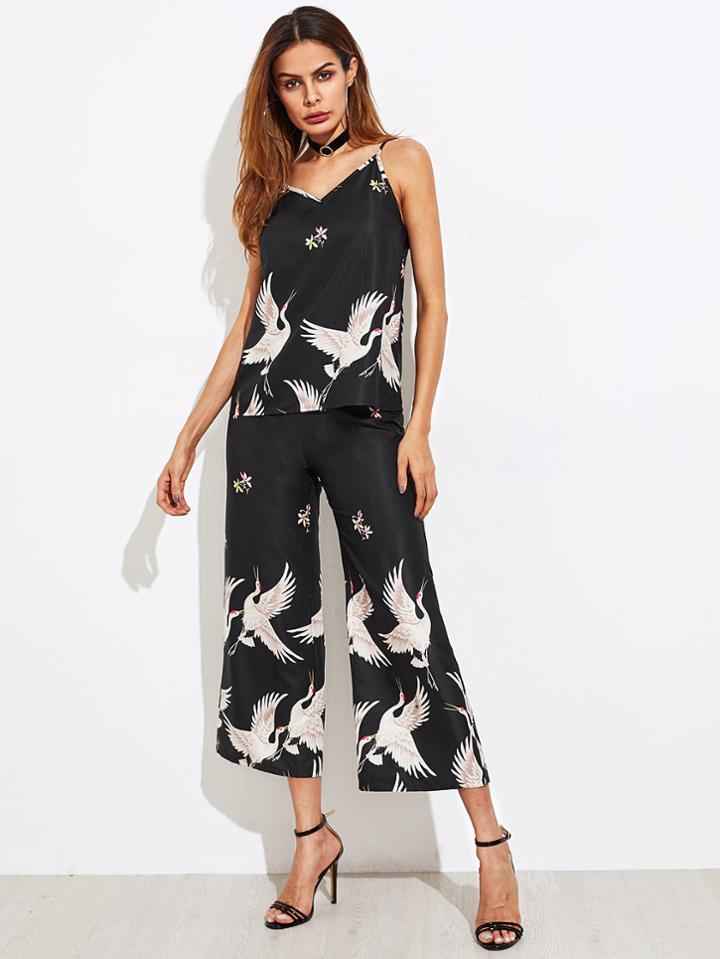 Shein Crane Bird Print Cami And Culotte Pants Set