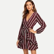 Shein Ruffle Trim Striped Self Tie Waist Dress
