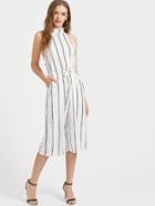 Shein Halterneck Vertical Striped Tie Waist Open Back Romper