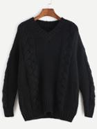 Shein Black V Neck Drop Shoulder Cable Knit Sweater