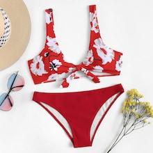 Shein Random Flower Print Knot Front Bikini Set