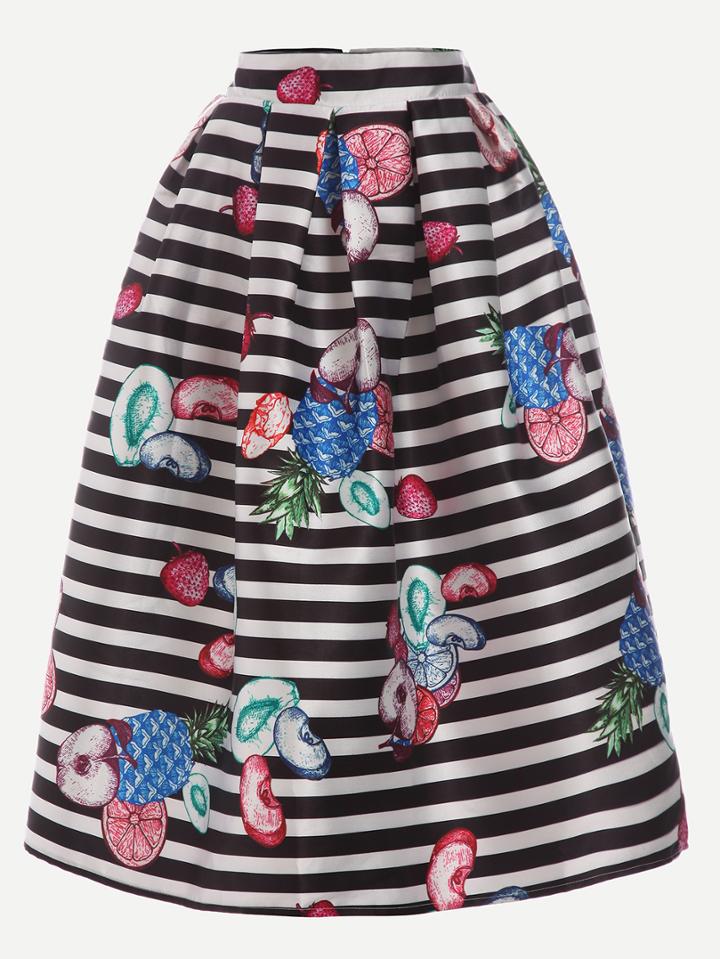 Shein Fruit Print Black White Striped Volume Skirt
