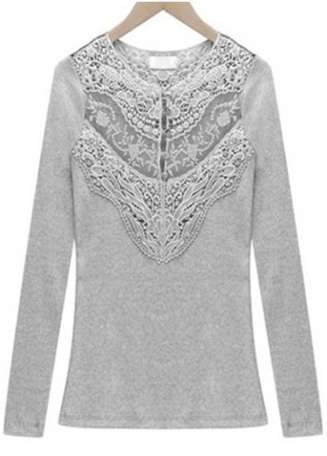 Rosewe Vogue Long Sleeve Grey T Shirt With Lace