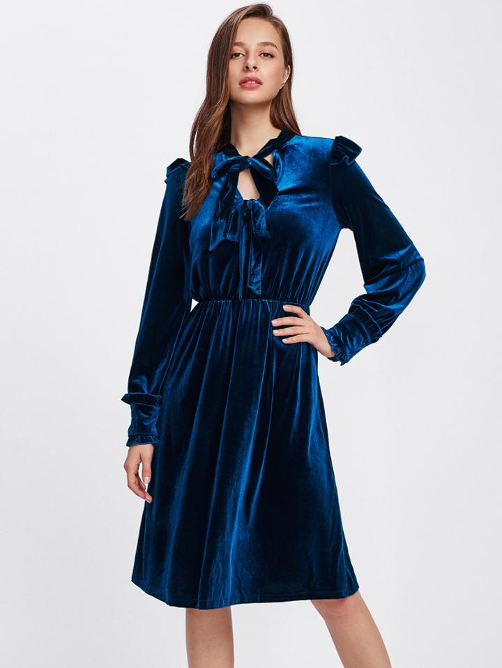 Shein Bow Tie Front Frill Detail Velvet Dress