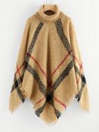 Shein Turtleneck Checked Fringe Ponchos Sweater