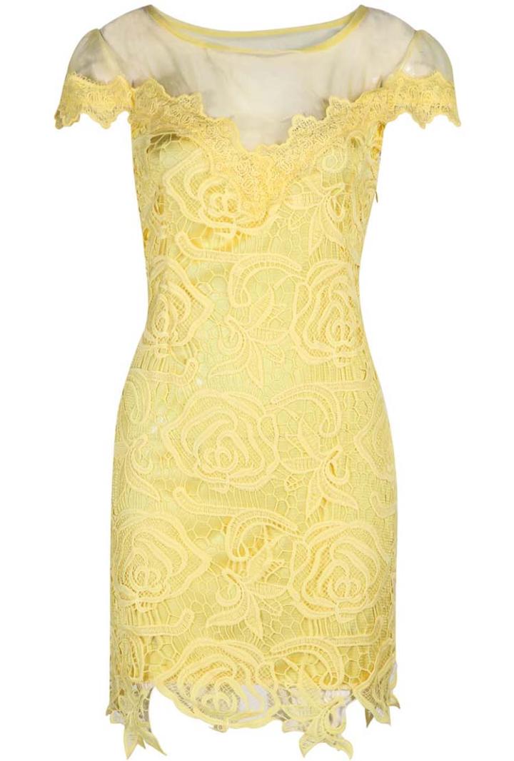 Shein Yellow Short Sleeve Hollow Lace Dress