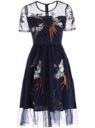 Shein Birds Gauze Embroidered A-line Dress