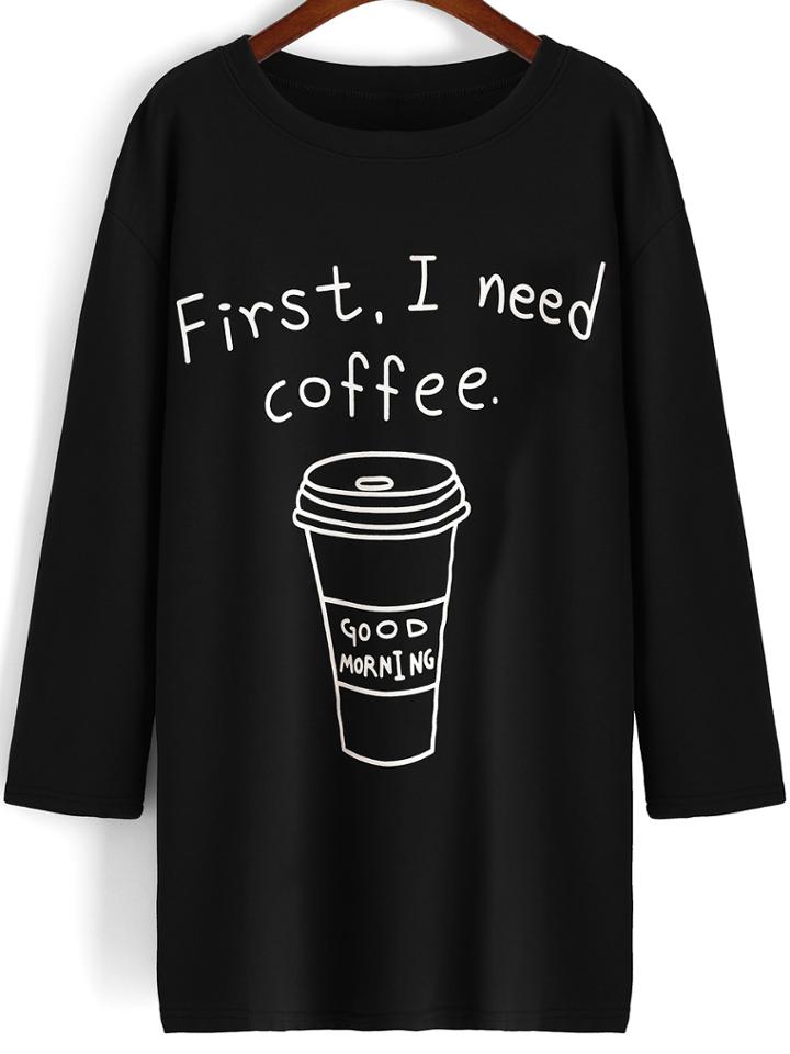 Shein Black Round Neck Coffee Print Long T-shirt