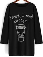 Shein Black Round Neck Coffee Print Long T-shirt