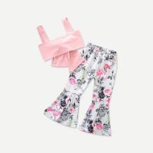 Shein Girls Knot Detail Crop Top With Flare Leg Pants