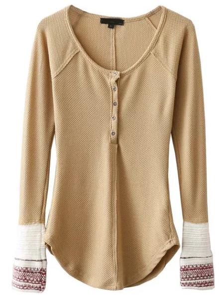 Shein Khaki Contrast Cuff Button Up Curved Hem Knitwear