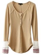 Shein Khaki Contrast Cuff Button Up Curved Hem Knitwear