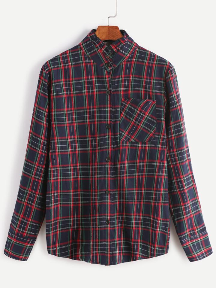 Shein Tartan Plaid Ruffle Collar Shirt With Pocket