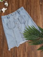 Shein Single Breasted Dual Pockets Raw Hem Denim Skirt
