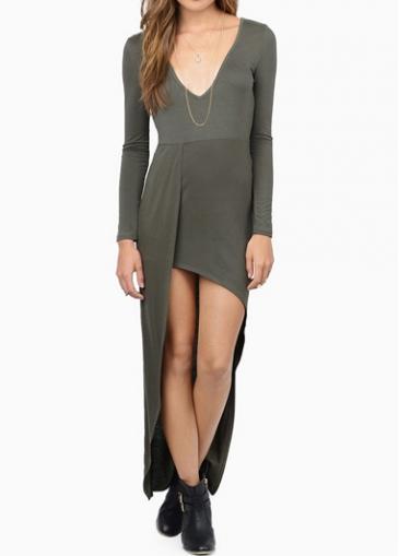 Rosewe Army Green V Neck High Low Dress