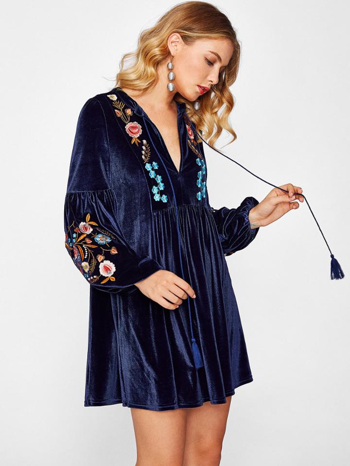 Shein Tasseled Tie Bishop Sleeve Embroidery Velvet Dress