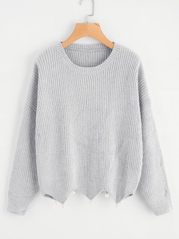 Shein Pearl Beading Scalloped Hem Chenille Jumper