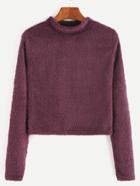 Shein Burgundy Mock Neck Fuzzy Crop T-shirt