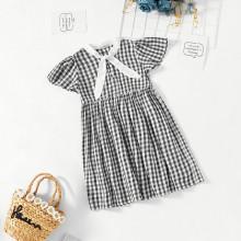 Shein Girls Contrast Knot Collar Button Up Gingham Dress