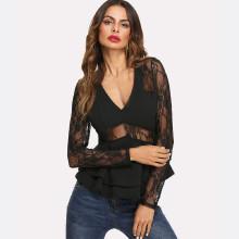 Shein Lace Insert Tiered Ruffle Hem Blouse