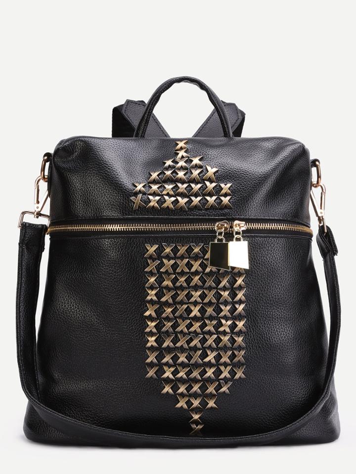 Shein Black Metallic Trim Zip Closure Pu Backpack With Strap