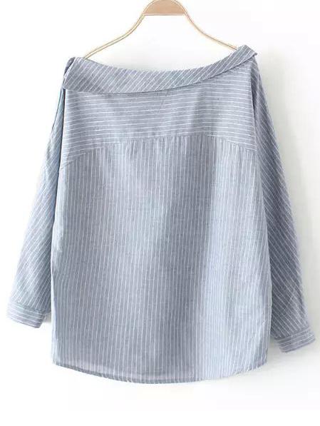 Shein Blue Boat Neck Buttons Striped Blouse