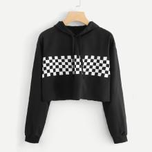 Shein Checkered Raw Hem Hoodie