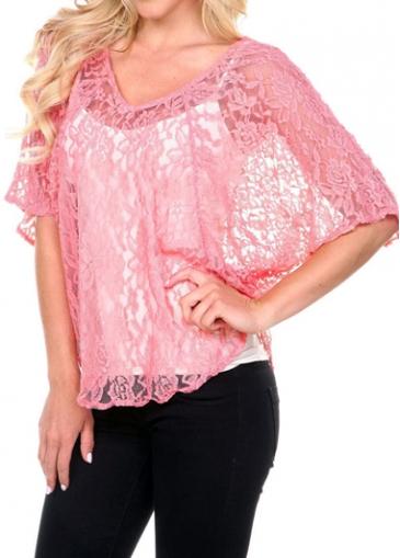 Rosewe V Neck Batwing Sleeve Lace Pink Blouse