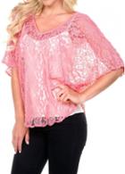 Rosewe V Neck Batwing Sleeve Lace Pink Blouse