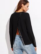 Shein Black Faux Leather Trim Split Back Sweatshirt