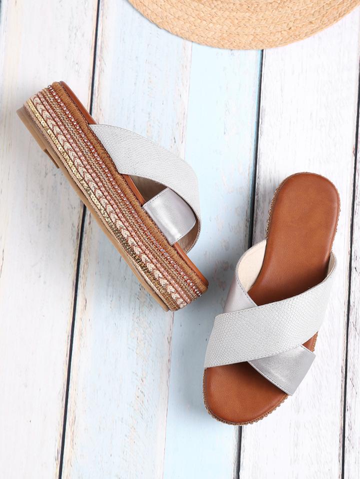 Shein Rhinestone And Beaded Decorated Flatform Sliders