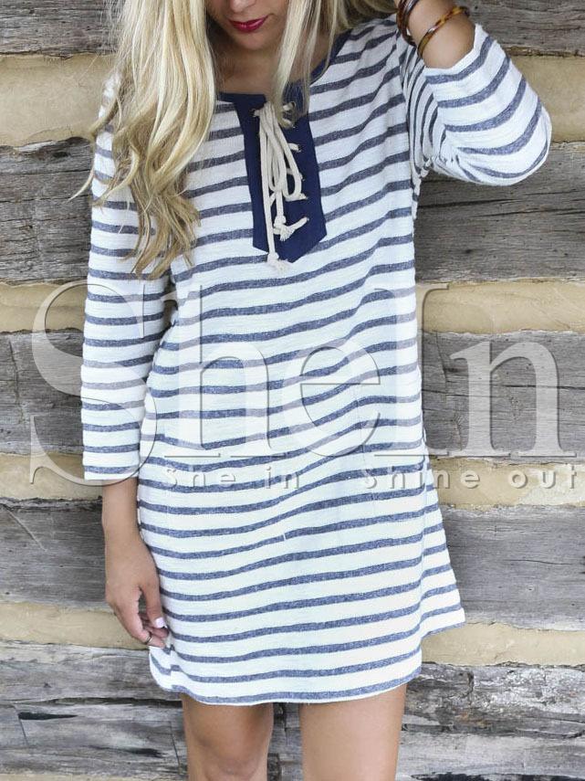Shein Blue White Long Sleeve Striped Dress