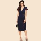 Shein Button Front Deep V Neck Pencil Dress