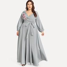 Shein Plus Flower Applique Lantern Sleeve Wrap Dress