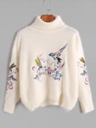 Shein Beige Turtleneck Embroidered Slit Hem High Low Fuzzy Sweater