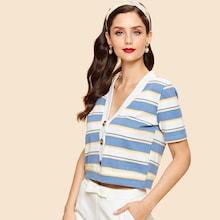 Shein V Neck Button Up Striped Top