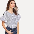 Shein Lace Panel Flute Sleeve Striped Blouse