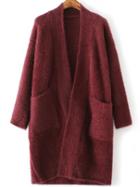 Shein Burgundy Collarless Open Front Cardigan With Pockets