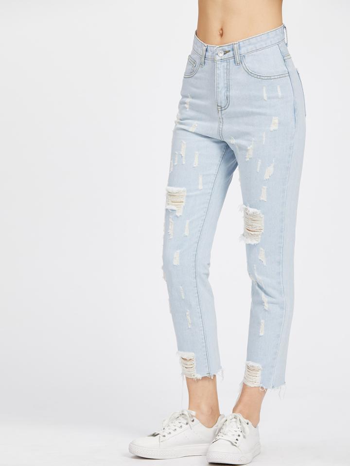 Shein Light Wash Raw Hem Crop Distressed Jeans