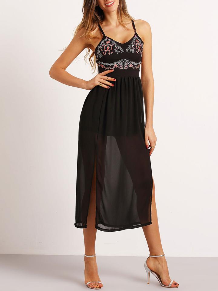 Shein Black Spaghetti Strap Embroidered Split Dress