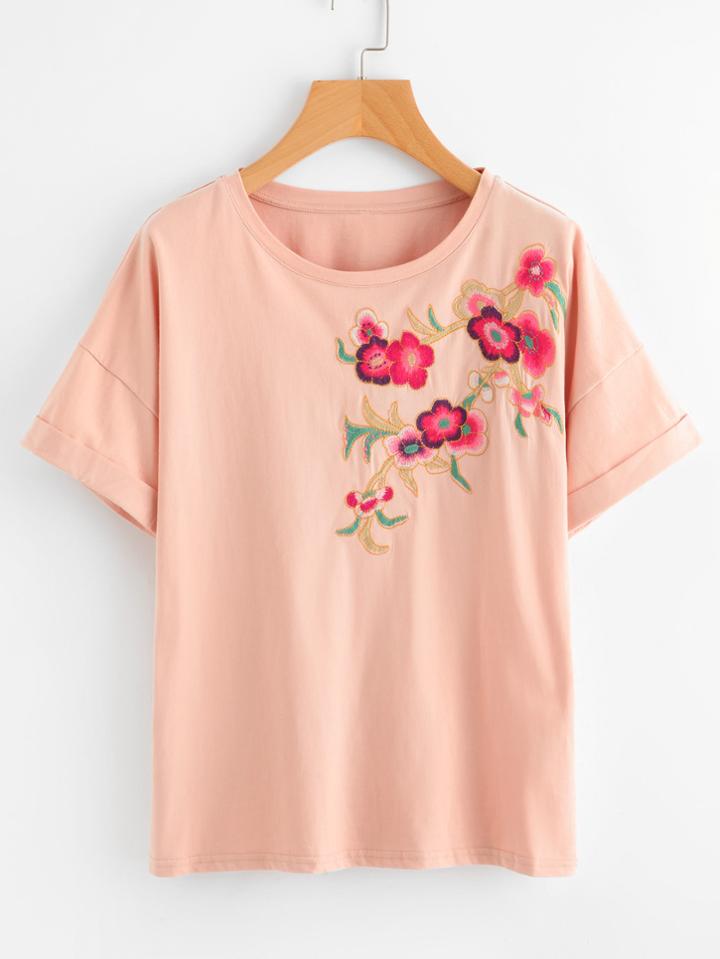 Shein Flower Blossom Embroidered Cuffed Tee