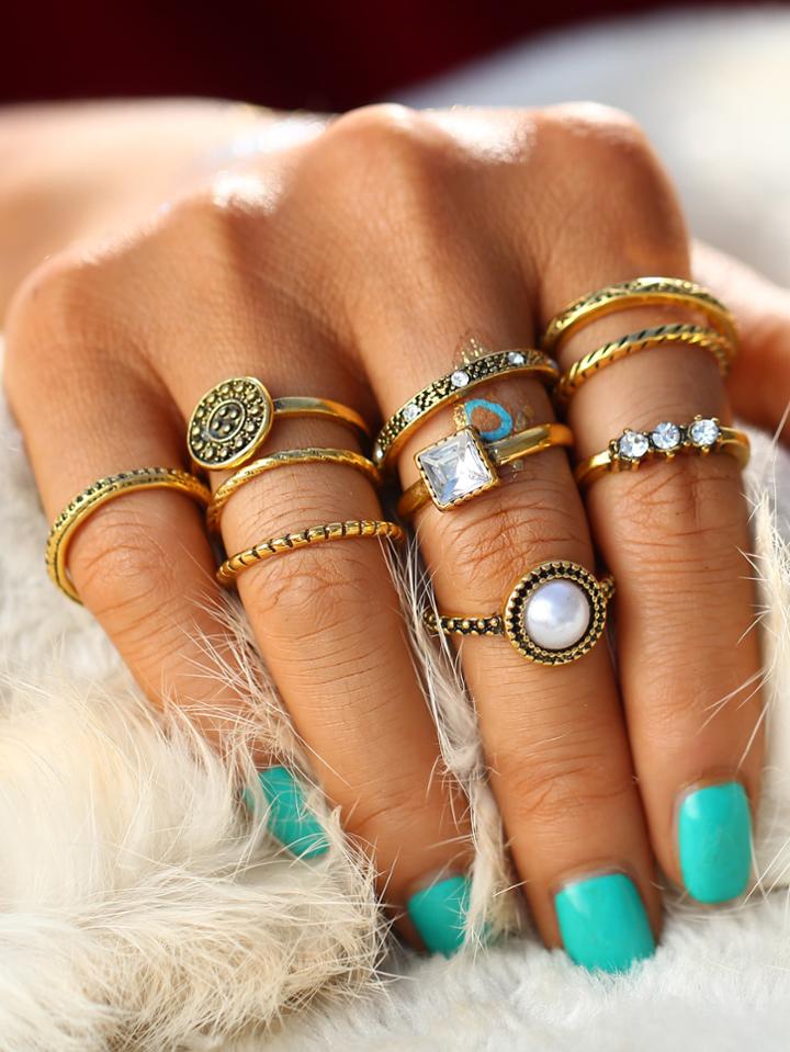 Shein Faux Pearl & Gemstone Detail Ring Set