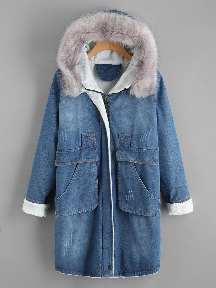 Shein Dual Pocket Faux Fur Trim Hooded Denim Coat