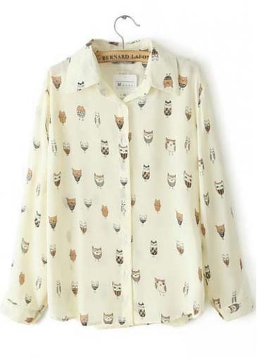 Rosewe Fine Quality Turndown Collar Owl Printed Blouses With Button