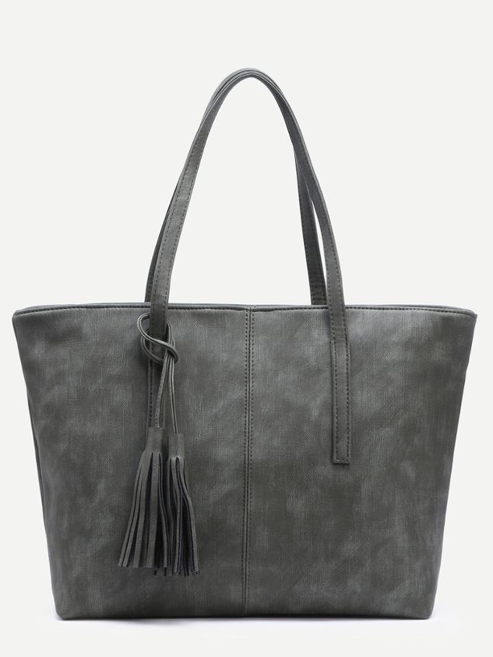 Shein Olive Green Distressed Tassel Trim Tote Bag