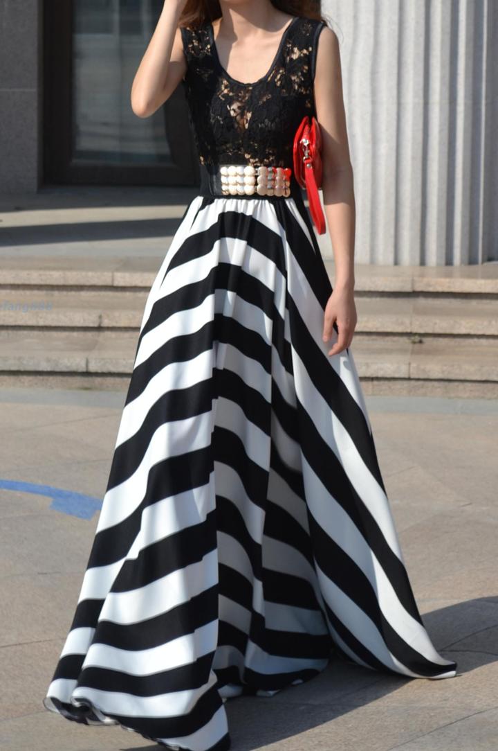 Shein Contrast Lace Hollow Striped Maxi Dress