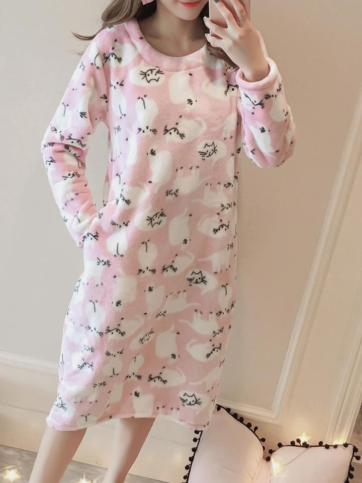 Shein All Over Cat Print Plush Night Dress