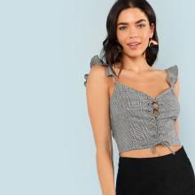 Shein Lace Up Front Ruffle Trim Plaid Crop Top