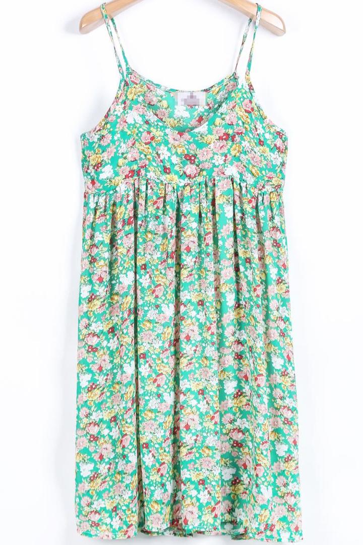 Shein Green Spaghetti Strap Floral Pleated Dress